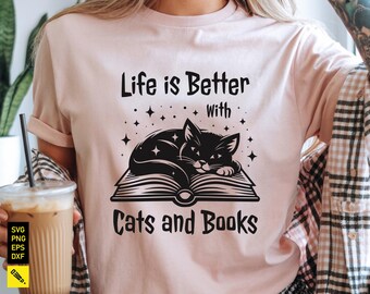 Gatos y libros SVG: Diseño de cita divertida (descarga digital)