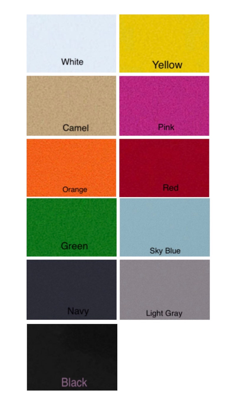 Peut inclure: Un nuancier avec 10 couleurs diff&eacute;rentes, dont le blanc, le jaune, le camel, le rose, l'orange, le rouge, le vert, le bleu ciel, le marine et le noir. Chaque couleur est affich&eacute;e dans un carr&eacute; avec le nom de la couleur &eacute;crit en dessous.