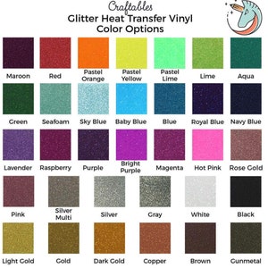 Peut inclure: Un tableau de couleurs de vinyle thermocollant paillet&eacute;. Les couleurs comprennent le marron, le rouge, l'orange pastel, le jaune pastel, le vert pastel, le vert, l'aqua, le vert, l'&eacute;cume de mer, le bleu ciel, le bleu b&eacute;b&eacute;, le bleu, le bleu royal, le bleu marine, la lavande, la framboise, le violet, le violet vif, le magenta, le rose bonbon, l'or rose, le rose, l'argent&eacute; multi, l'argent&eacute;, le gris, le blanc, le noir, l'or clair, l'or, l'or fonc&eacute;, le cuivre, le marron et le gris anthracite.