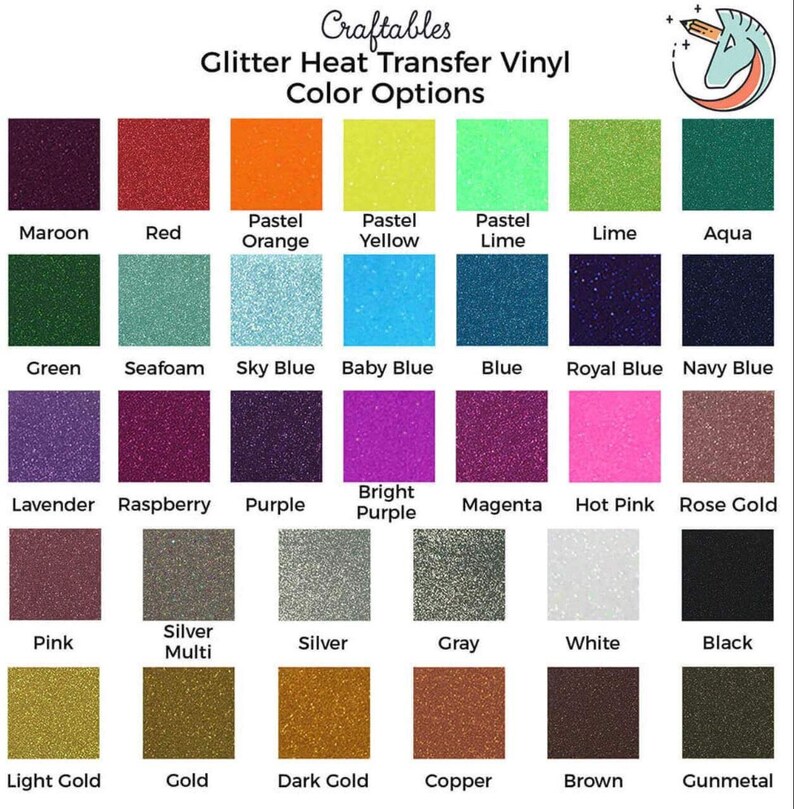 Peut inclure: Un tableau de couleurs de vinyle thermocollant paillet&eacute;. Les couleurs comprennent le marron, le rouge, l'orange pastel, le jaune pastel, le vert pastel, le vert, l'aqua, le vert, l'&eacute;cume de mer, le bleu ciel, le bleu b&eacute;b&eacute;, le bleu, le bleu royal, le bleu marine, la lavande, la framboise, le violet, le violet vif, le magenta, le rose bonbon, l'or rose, le rose, l'argent&eacute; multi, l'argent&eacute;, le gris, le blanc, le noir, l'or clair, l'or, l'or fonc&eacute;, le cuivre, le marron et le gris anthracite.