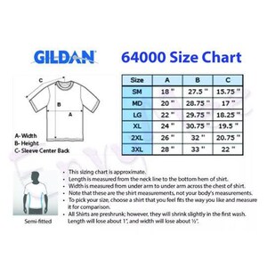 May include: A size chart for Gildan 64000 t-shirts. The chart shows measurements for width, height, and sleeve length in inches for sizes small to 3XL.