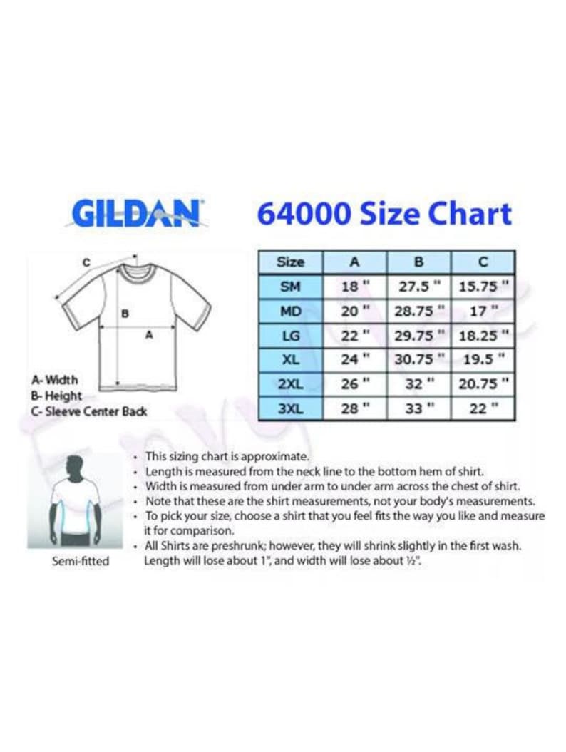 May include: A size chart for Gildan 64000 t-shirts. The chart shows measurements for width, height, and sleeve length in inches for sizes small to 3XL.