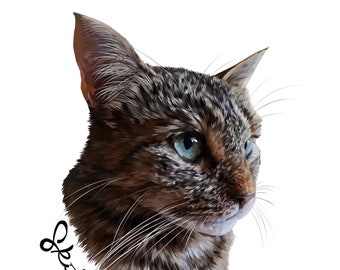 Può includere: Un ritratto ravvicinato di un gatto tigrato con occhi azzurri. Il gatto guarda a destra dell'immagine. Il nome del gatto, "Skittles", è scritto in corsivo sotto la testa del gatto.
