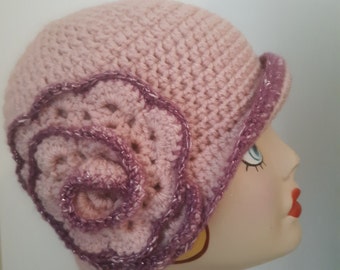 Womens Hat, Crochet Hat,  Winter Hat, Winter Beanie,  Flapper Hat, Cloche Hat, Soft Rose with Flower