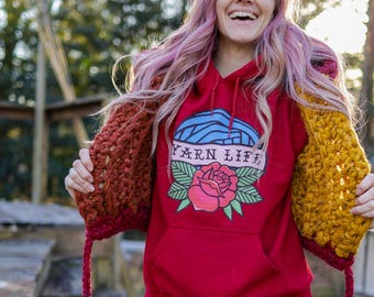 Yarn Life Tattoo Unisex Hoodie, Funny Gift for Crocheter or Knitter, Yarn Hooded Sweatshirt
