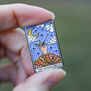 The Seamstress Tarot Card Enamel Pin, Funny Crafter Sewing Gift, Sew Crafty Life Pin, Stocking Stuffer image 1