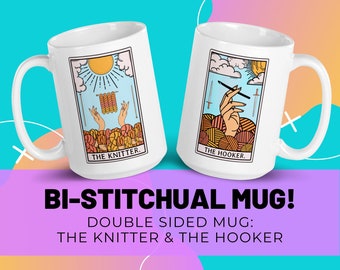 Bi-Stitchual Crochet & Knitting Tarot Card Mug, Fiber Artist Gift, Crocheter and Knitter Gift, Funny Yarn Mug