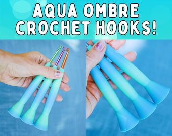 Ergonomic Aqua Teal Ombre Crochet Hooks, 3D Printed Hybrid Crochet Hook, Tapered and Inline Metal Crochet Hooks, Gift for crocheter