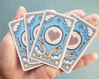 The Stitcher Tarot Card Vinyl Sticker, Funny Yarn Fiber Sticker, Embroidery and Cross Stitch Life Laptop Stickers