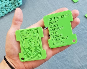 Double Sided Wraps Per Inch Tool in Neon Green | The Hooker Tarot Card & measurements | WIP keychain | Yarn Measurement Tool