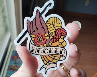 Funny Crochet Hooked Tattoo Flash Inspired Vinyl Sticker, Crocheter Gift, Crocheting Life Hooker Laptop Stickers