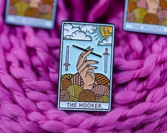 Funny Crochet The Hooker Tarot Card Enamel Pin, Funny Crocheter Gift, Crochet Life Pin, Gift for Crocheter, Stocking Stuffer