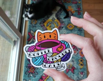 Crochet Coffee Cats Sticker, Crocheting and Cats, Crazy Cat and Yarn Lady Gift, Funny Gift for crocheter, Stocking Stuffer