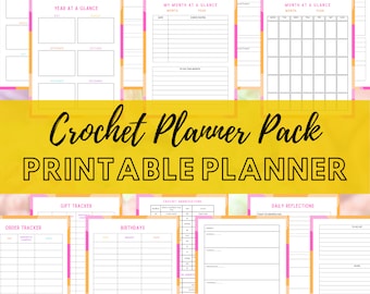 May include: Printable planner pages with a crochet theme. The pages include a year at a glance, weekly WIP tracker, monthly project planning, gift tracker, order tracker, birthdays, crochet abbreviations, and daily reflections.