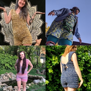 May include: Four women wearing different crochet tops. The tops are in various colors and styles, including a yellow top with a halter neck, a blue top with a halter neck, a pink top with a scoop neck, and a blue top with a scoop neck.