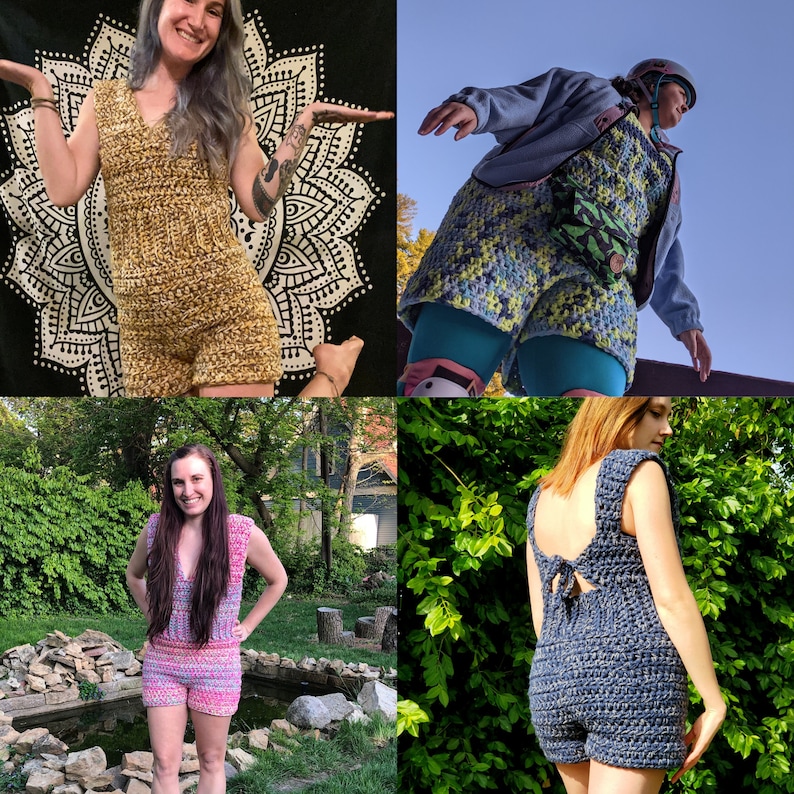May include: Four women wearing different crochet tops. The tops are in various colors and styles, including a yellow top with a halter neck, a blue top with a halter neck, a pink top with a scoop neck, and a blue top with a scoop neck.