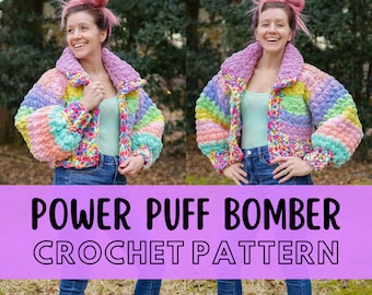 Simple SUPER Chunky Crochet Bomber Jacket Pattern, Size Inclusive, Beginner Friendly Jumbo XL Bulky Cardigan with Pockets, Power Puff Bomber