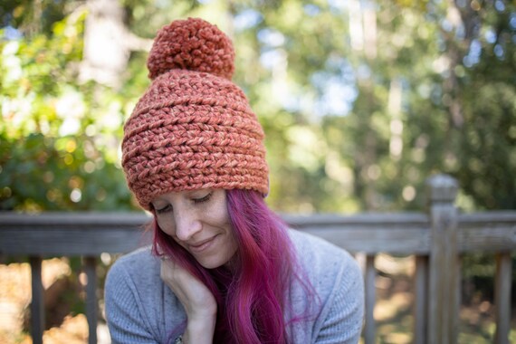 Women's Chunky Crochet Knitted Hat With Pom Pom & Flower Decor - Winter Warm Beanie, Hot Pink - View #7