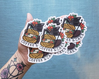 Coffee & Cake Yarn Tattoo Vinyl Sticker, Funny Crochet Life Laptop Stickers, Unique Gag Gift for Crocheter