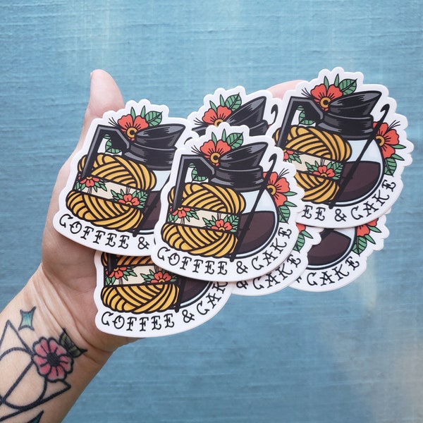 Coffee & Cake Yarn Tattoo Vinyl Sticker, Funny Crochet Life Laptop Stickers, Unique Gag Gift for Crocheter