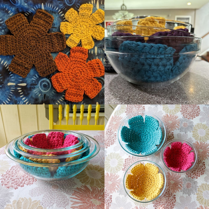 May include: A set of four crocheted flower bowl cozies in various colors, including brown, orange, yellow, and blue. The cozies are displayed on a table and in a glass bowl.