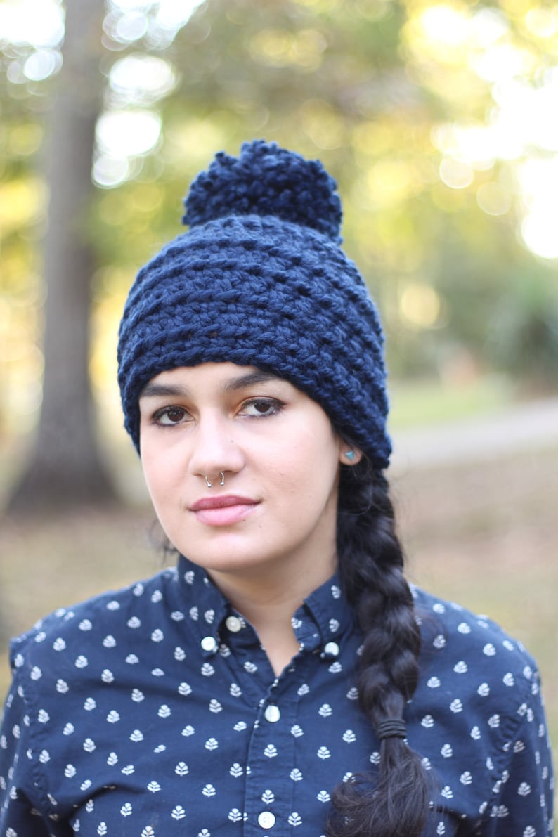 Hat Only Chunky Wool Navy Blue Crochet Pom Pom Hat Chunky Hand knit Jumbo Pom Pom Hat Warm Knitted Hat