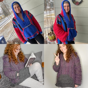 May include: Three different crochet hooded sweaters in various colors. The first sweater is red, blue, and gray. The second sweater is red, blue, and gray. The third sweater is purple and gray.