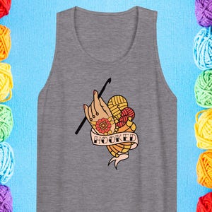 Hooked Tattoo Flash Premium Cotton tank top, Gift for Crocheter