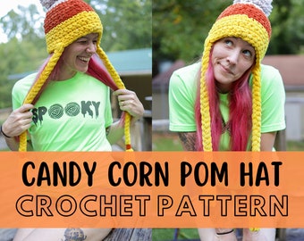Candy Corn Pom Hat Crochet Pattern, Super Chunky Halloween Beanie with Braids, Simple Beginner friendly Crochet Pattern