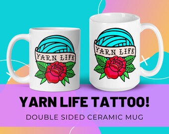 Yarn Life Tattoo Mok, Grappige Keramische Mok voor Breien of Haken, Cadeau voor Haaksters, Breisters of Garenliefhebbers