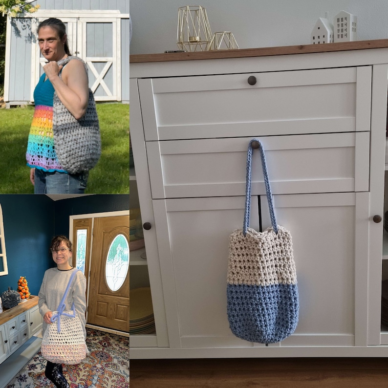 Puede incluir: Dos bolsas de mano de crochet, una con rayas de arco&iacute;ris y otra con un dise&ntilde;o de bloques de color crema y azul. Las bolsas est&aacute;n colgadas de un armario blanco con un caj&oacute;n y dos puertas.