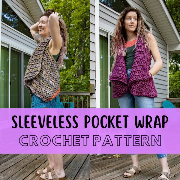 Simple Chunky Crochet Sleeveless Pocket Wrap Pattern, Beginner Crochet Sweater Vest Pattern, Super Bulky Yarn