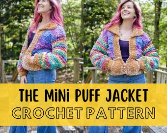 Simple Super Chunky Crochet Jacket Pattern, Beginner Friendly, Size Inclusive Jumbo XL Bulky Cardigan with Pockets, Mini Puff Jacket
