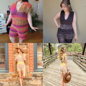 May include: Three women wearing different crochet jumpsuits. The first jumpsuit is a multi-colored striped design. The second jumpsuit is a dark brown and black color. The third jumpsuit is a yellow floral design.