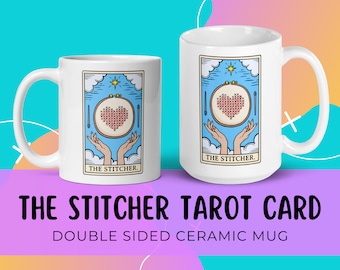 The Stitcher Tarot Card Mug, Funny Yarn Fiber Coffee mug, Embroidery and Cross Stitch Life Large Tea Mug