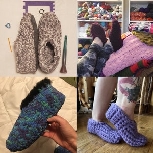 May include: Four pairs of crocheted slippers in different colors and patterns. The slippers are made with a soft, fuzzy yarn and have a comfortable fit. The slippers are perfect for keeping your feet warm and cozy during the cold winter months.