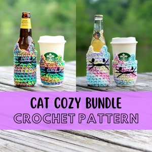 May include: A crochet pattern for a cat-shaped cozy bundle for a bottle or cup. The cozy is made in a rainbow of colors, including pink, blue, yellow, and green.