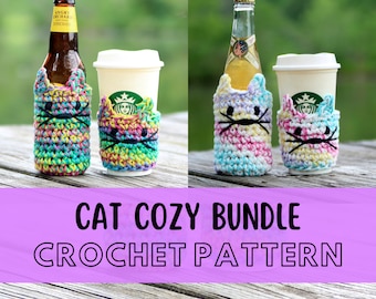 Cat Themed Coffee and Bottle Cozy Pattern Bundle, Cat Cozy Pattern, Stash Busting Craft Show Crochet Pattern