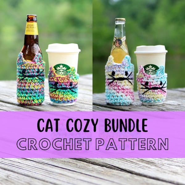 Cat Themed Coffee and Bottle Cozy Pattern Bundle, Cat Cozy Pattern, Stash Busting Craft Show Crochet Pattern