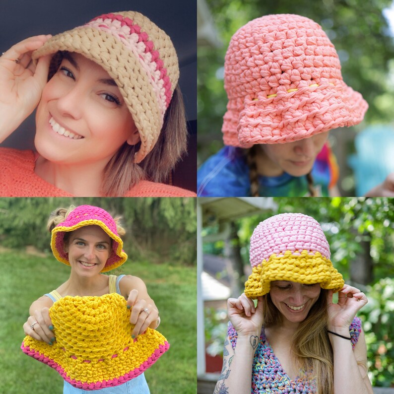 May include: Four images showcasing handmade crochet hats. The hats are in various colors, including beige with pink stripes, light pink, and yellow with pink trim. The hats have a sun hat style with a brim.