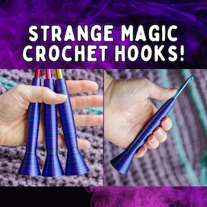 May include: Three blue and purple striped crochet hooks with gold and red tips. The hooks are held in a hand. A single blue and purple striped crochet hook with a green tip is held in a hand.