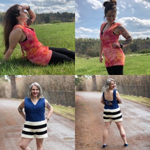 May include: Four images of a person wearing different crochet tops. The first image shows a person wearing a pink and orange crochet top with a white crocheted hat. The second image shows a person wearing a pink and orange crochet top. The third image shows a person wearing a blue and white striped crochet top. The fourth image shows a person wearing a blue and white striped crochet top.