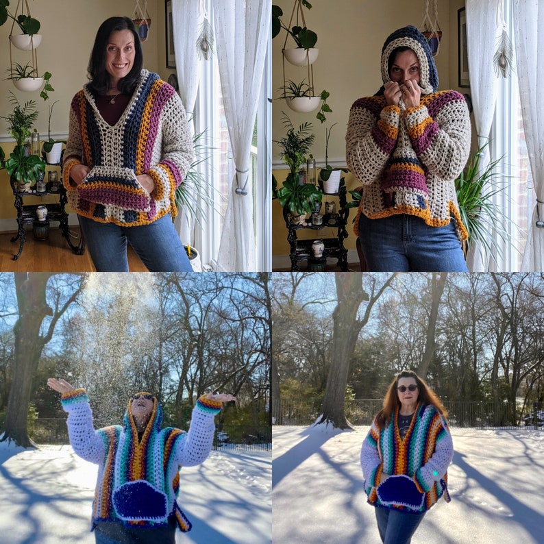 May include: A woman wearing a colorful crocheted hooded sweater with a striped pattern. The sweater has a large pocket on the front. The woman is standing in front of a window with white curtains.
