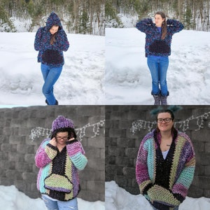 May include: A colorful crocheted hooded sweater with a black pocket and a contrasting black trim. The sweater is shown being worn by three different people in various settings.