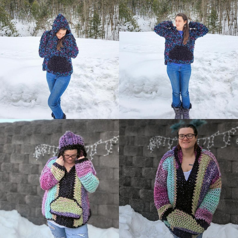 May include: A colorful crocheted hooded sweater with a black pocket and a contrasting black trim. The sweater is shown being worn by three different people in various settings.