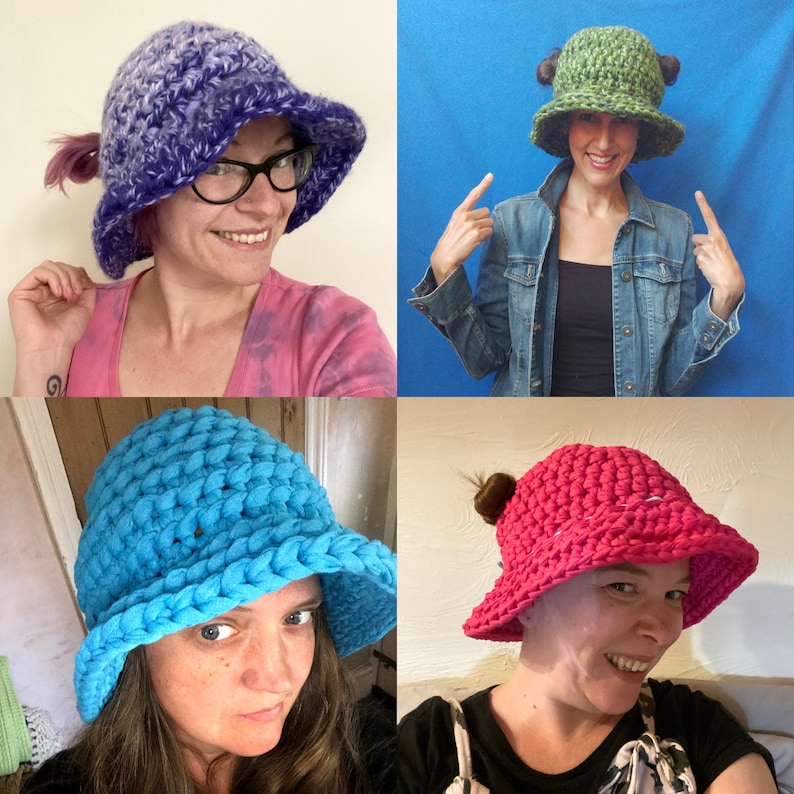 May include: Four handmade crochet hats in various colors. The hats include a purple and white hat, a green hat with brown accents, a blue hat, and a pink hat. Each hat has a unique design and brim.
