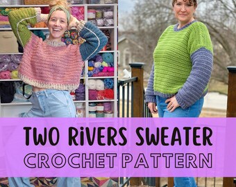 Simple Crochet Sweater Pattern, Beginner Friendly Reversible Pullover Jumper, Worsted Yarn, The Two Rivers Sweater