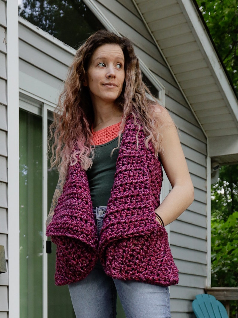 Simple Chunky Crochet Sleeveless Pocket Wrap Pattern, Beginner Crochet Sweater Vest Pattern, Super Bulky Yarn image 10