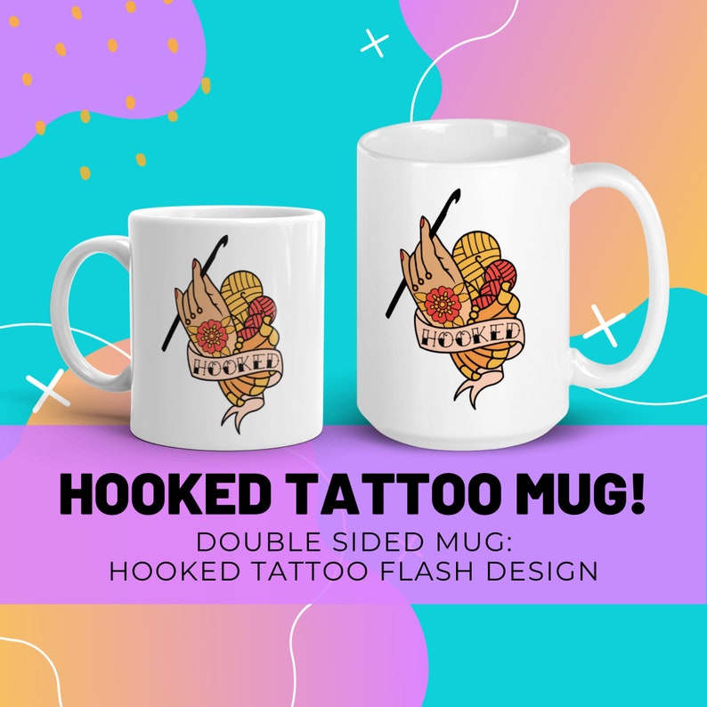 Hooked Tattoo Flash Inspired Crochet Ceramic Mug Funny image 1