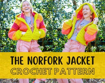 Simple Super Chunky Crochet Jacket Pattern, Beginner Friendly, Size Inclusive Jumbo XL Bulky Hooded Cardigan with Pockets, Norfork Jacket